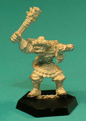 Pose 1, variant J. This variant wields a wooden club studded with iron nails and wrapped with coarse string. He wears a small, cylindrical hat with a thick fur headband. His head looks slightly to his right, and he has a partly-open, sneering mouth.