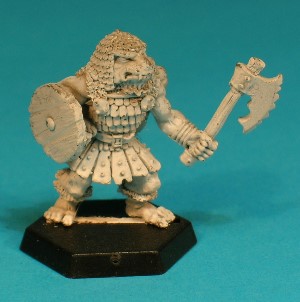 Pose 1, variant D. This Gnoll wears a fine scalemail coif and has a short beard under his chin. His axe is cruelly serrated, with a long, down-curving single blade. He has a dog-like face with a short muzzle, and a closed mouth with protruding long upper fangs. He is looking slightly left and no earrings can be seen. Pose 1, variant D. This Gnoll wears a fine scalemail coif and has a short beard under his chin. His axe is cruelly serrated, with a long, down-curving single blade. He has a dog-like face with a short muzzle, and a closed mouth with protruding long upper fangs. He is looking slightly left and no earrings can be seen.