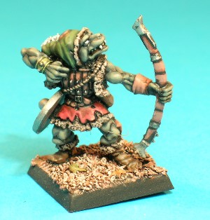 Pose 2, variant A. This Gnoll archer wears a skirt made of leather and fur and a tunic of banded and studded leather adorned with tatty furs. He carries a sheathed scimitar and a quiver of arrows strapped to his back and is aiming a mighty longbow in his left hand. This variant wears a fur-trimmed hood with a single square patch on the top. He has a dog-like face with a short muzzle, and a snarling mouth revealing upper fangs and a set of teeth. His head is tilted back and he looks along the line of his bow. He has no visible earrings. Pose 2, variant A. This Gnoll archer wears a skirt made of leather and fur and a tunic of banded and studded leather adorned with tatty furs. He carries a sheathed scimitar and a quiver of arrows strapped to his back and is aiming a mighty longbow in his left hand. This variant wears a fur-trimmed hood with a single square patch on the top. He has a dog-like face with a short muzzle, and a snarling mouth revealing upper fangs and a set of teeth. His head is tilted back and he looks along the line of his bow. He has no visible earrings.