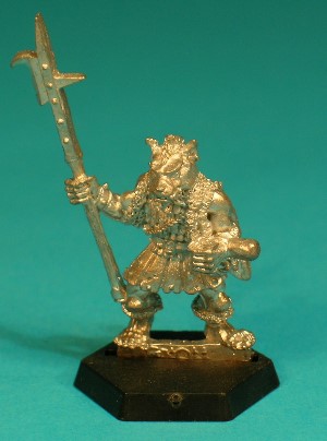 Pose 3, variant B. This variant is bare-headed, revealing a short tufty haircut. His polearm is a bill-guisarme, with a hooked blade on the far side, and a short spike on the nearside, and a long top spike. The Gnoll has a narrow dog-like face with a short muzzle, and a slightly snarling mouth revealing upper fangs. His head is level and he looks straight forwards. He has a plain earring in each ear Pose 3, variant B. This variant is bare-headed, revealing a short tufty haircut. His polearm is a bill-guisarme, with a hooked blade on the far side, and a short spike on the nearside, and a long top spike. The Gnoll has a narrow dog-like face with a short muzzle, and a slightly snarling mouth revealing upper fangs. His head is level and he looks straight forwards. He has a plain earring in each ear