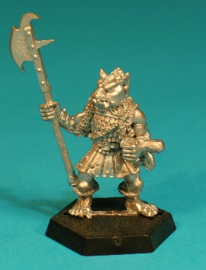 Pose 3, variant D. This variant is again bare-headed, with a ragged haircut with a straggly ponytail. His polearm is a guisarme, with a hooked axe-blade on the far side, a short spike on the nearside, and a curved top hook. The Gnoll has a wide dog-like face with a short muzzle, and a closed mouth with protruding upper fangs and his tongue sticking out on the left side. His head is level and he looks slightly right. He wears no earrings. Pose 3, variant D. This variant is again bare-headed, with a ragged haircut with a straggly ponytail. His polearm is a guisarme, with a hooked axe-blade on the far side, a short spike on the nearside, and a curved top hook. The Gnoll has a wide dog-like face with a short muzzle, and a closed mouth with protruding upper fangs and his tongue sticking out on the left side. His head is level and he looks slightly right. He wears no earrings.