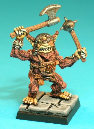 Pose 1, variant A. This Bugbear wears a tatty, leather breastplate adorned with studs and a small metal disc. Two leather pouches hang from his belt and he wears a steel bracer on his left fore-arm and a plate and string protector on his right wrist. His right arm holds a weapon above his head and his left arm is raised to shoulder-level. This variant has a pointed beard and an open, snarling mouth showing his vicious teeth. He has long, notched ears and wears a tatty chainmail coif and a leather eyepatch over his left eye. His head looks straight forwards, and he is armed with a single-bladed axe in his right hand and a spiked ball-mace in his left. Pose 1, variant A. This Bugbear wears a tatty, leather breastplate adorned with studs and a small metal disc. Two leather pouches hang from his belt and he wears a steel bracer on his left fore-arm and a plate and string protector on his right wrist. His right arm holds a weapon above his head and his left arm is raised to shoulder-level. This variant has a pointed beard and an open, snarling mouth showing his vicious teeth. He has long, notched ears and wears a tatty chainmail coif and a leather eyepatch over his left eye. His head looks straight forwards, and he is armed with a single-bladed axe in his right hand and a spiked ball-mace in his left.