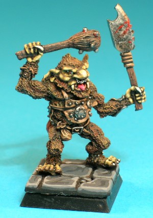 Pose 1, variant B. This variant figure has a pointed beard and an open mouth showing his vicious fangs and a protruding tongue. He has long ears, his left one is upright and his right looks a bit limp, and wears a fine chain nose-ring. His head looks straight forwards, and he is armed with a studded wooden club in his right hand and a notched cleaver in his left. Pose 1, variant B. This variant figure has a pointed beard and an open mouth showing his vicious fangs and a protruding tongue. He has long ears, his left one is upright and his right looks a bit limp, and wears a fine chain nose-ring. His head looks straight forwards, and he is armed with a studded wooden club in his right hand and a notched cleaver in his left.