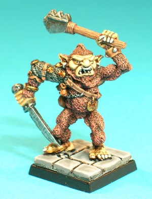 Pose 2, variant A. This Bugbear wears a tatty chainmail sleeve on his right arm, and has a variety of small pouches, chains, discs and bones hanging from a leather cross-belt. He has a studded leather vambrace on his left wrist and a fine metal bracelet on his right. His right hand holds a notched, single-bladed sword with the point by his right knee, and his left arm raises a variant weapon above his head. This variant has a pointed beard, a peaked hairstyle with a short ponytail and an open, snarling mouth showing his vicious teeth. He has long ears with a plain earring in each, and wears a large ring through his nose. His head looks slightly to his left and he wields a steel-headed mace that looks a lot like a meat tenderizer in his left hand! Pose 2, variant A. This Bugbear wears a tatty chainmail sleeve on his right arm, and has a variety of small pouches, chains, discs and bones hanging from a leather cross-belt. He has a studded leather vambrace on his left wrist and a fine metal bracelet on his right. His right hand holds a notched, single-bladed sword with the point by his right knee, and his left arm raises a variant weapon above his head. This variant has a pointed beard, a peaked hairstyle with a short ponytail and an open, snarling mouth showing his vicious teeth. He has long ears with a plain earring in each, and wears a large ring through his nose. His head looks slightly to his left and he wields a steel-headed mace that looks a lot like a meat tenderizer in his left hand!