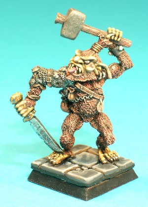 Pose 2, variant B. This variant has a pointed beard, a topknot hairstyle.He has an open, snarling mouth showing his vicious teeth and a protruding tongue. He has long, floppy ears with 2 plain earrings in the left. His head looks to his right and he wields a stone-headed, wooden-hafted hammer in his left hand. Pose 2, variant B. This variant has a pointed beard, a topknot hairstyle.He has an open, snarling mouth showing his vicious teeth and a protruding tongue. He has long, floppy ears with 2 plain earrings in the left. His head looks to his right and he wields a stone-headed, wooden-hafted hammer in his left hand.