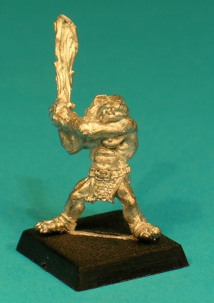 Pose 1, variant A. This Norker is armed with a 2-handed bludgeoning weapon, which he raised above his head by his right shoulder, and is naked apart from a belt and ring-studded loincloth. This particular variant wields a plain wooden club, and looks to his left with his mouth closed and 3 small fangs protruding on the right side.