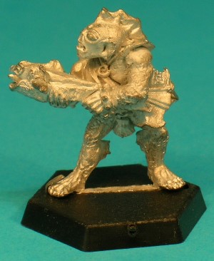 Pose 1, variant D. This Sahuagin variant has a medium-sized, round head, with large, protruding ears and a low, 4-spined fin on the back of his head. He has small, oval eyes and his mouth is open in a toothy snarl. His head looks along the line of his crossbow. Pose 1, variant D. This Sahuagin variant has a medium-sized, round head, with large, protruding ears and a low, 4-spined fin on the back of his head. He has small, oval eyes and his mouth is open in a toothy snarl. His head looks along the line of his crossbow.